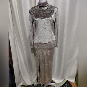 Vintage Cache Elegant Taupe Crushed Velvet Top And Skirt Set